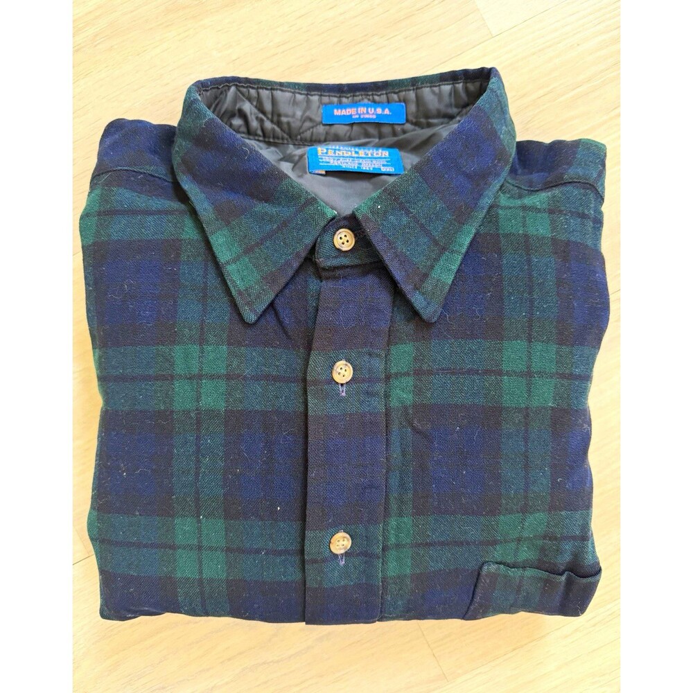 Vintage Pendleton Men XXL Green Blue Plaid Wool Flannel Button-Up Shirt Dadcore